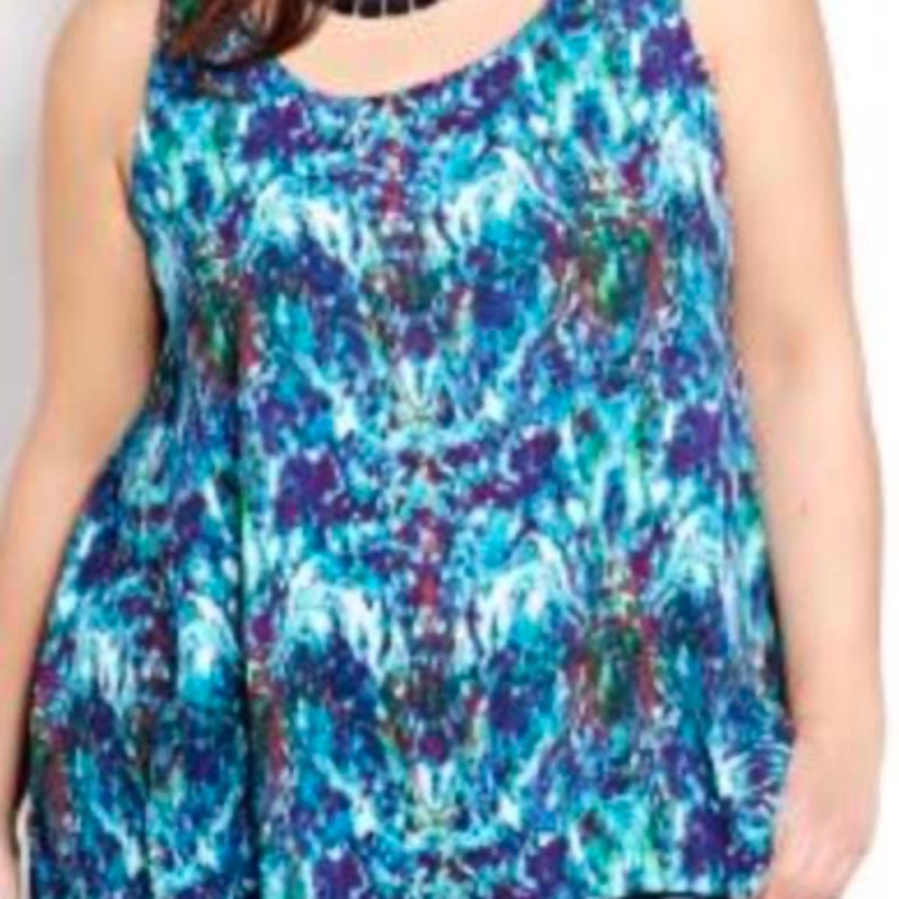 TANK TOP, SLEEVELESS, PURPLE MULTI, SIZE 24, DEEP SCOOP NECK, BUILT IN CAMISOLE,